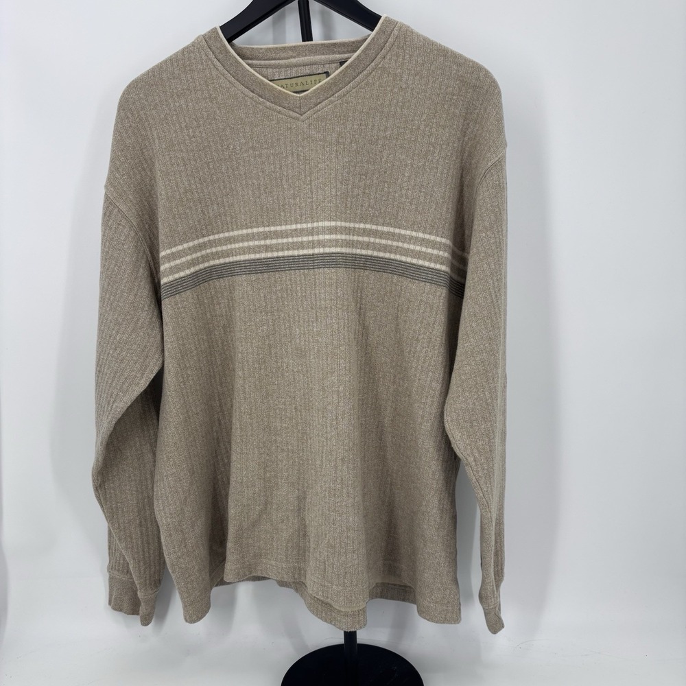 Naturalife Ribbed V-Neck Sweater Men L‎ Beige cotton scandi  minimalist capsule